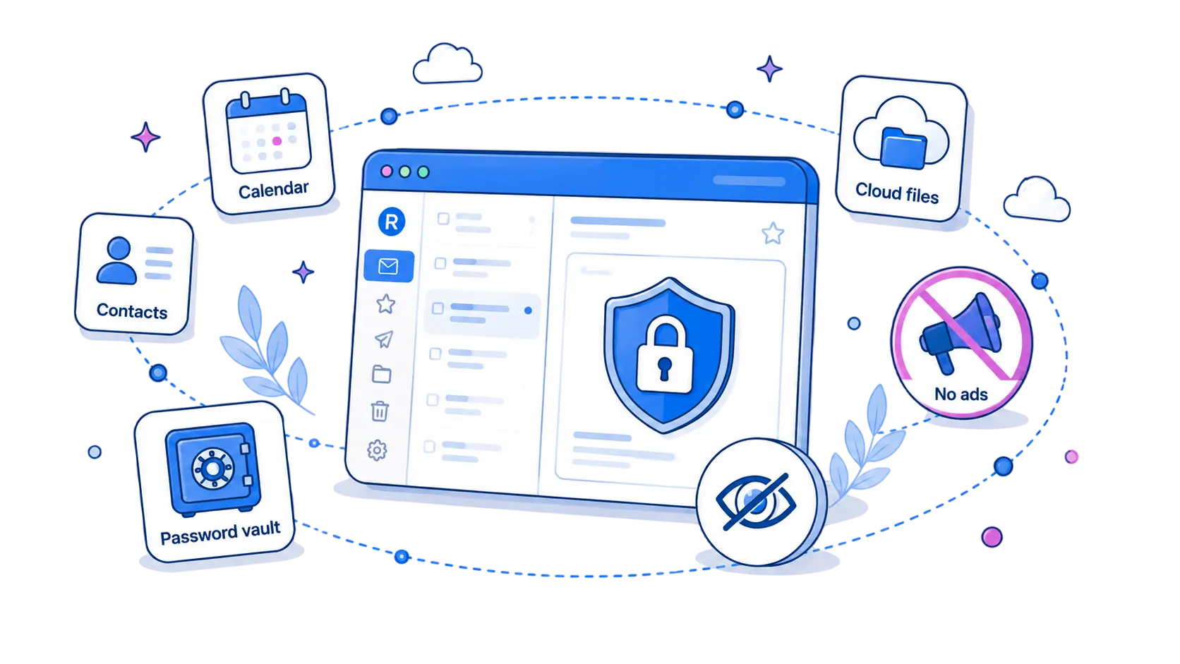 Reeva inbox window surrounded by calendar, contacts, password vault, cloud files, no-ads and no-tracking badges — a private Gmail alternative