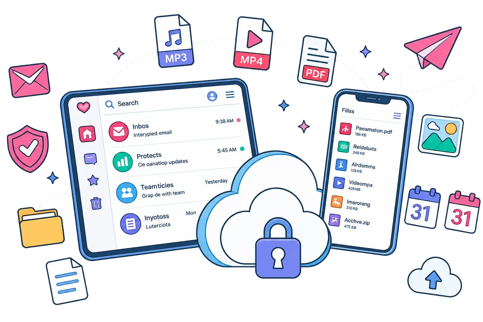 Reeva inbox on tablet and phone with encrypted cloud storage, surrounded by mail, security and protocol icons