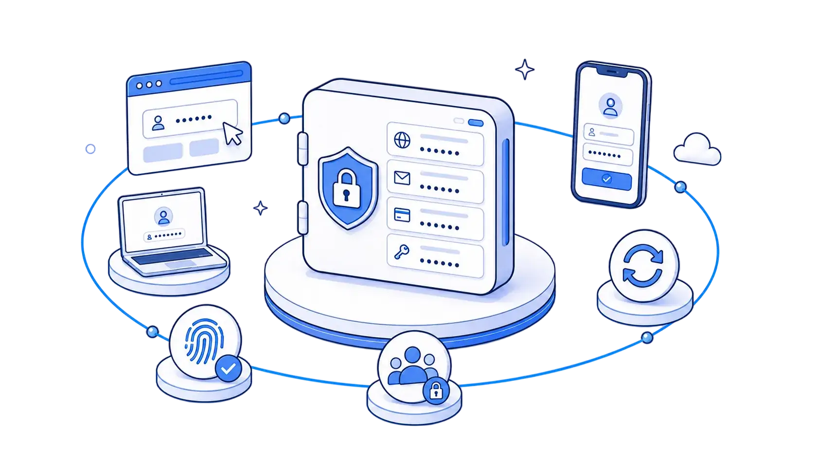 Encrypted password vault syncing logins, passkeys and secure notes across web, laptop and phone with biometric unlock